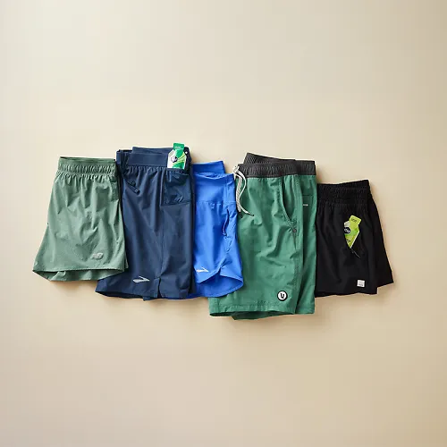 Laydown of running shorts from different brands