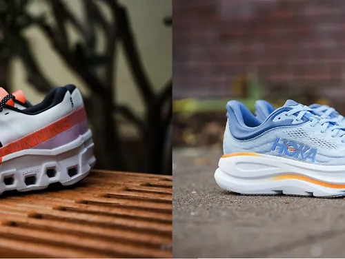 A side by side image of the On Cloudmonster 2 and the HOKA Bondi 9.